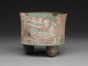 Cylindryczny statek trójnożny z dwiema figurami w goglach, c.A.D. 400?650 (ceramika, sztukaterie i farba) autorstwa Mesoamerican Mesoamerican