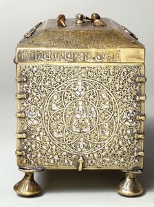 Mosiężna mosiężna kasetka inkrustowana srebrem mezopotamskim, z tarczami do zamka szyfrowego (widok z boku) autorstwa Mesopotamian