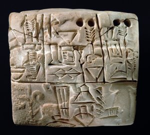 Wczesna tabliczka piktograficzna pismem klinowym, Mezopotamia, Uruk, ok. 3100-2900 p.n.e. (glina)