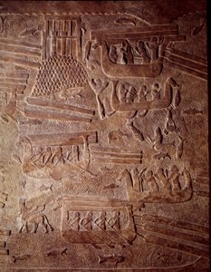 Mezopotamia: scena morska przedstawiająca transport drewna do Libanu. Fragment płaskorzeźby albastra z Chorsabadu (Khunsabad). Regne Sargona II. 710 pne. Paryż, Luwr autorstwa Mesopotamian Mesopotamian
