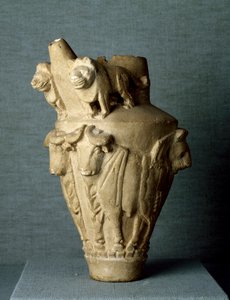 Sztuka mezopotamska: rytualny wapień wapienny z bykami i lwami. Słońce. h. 30,2 cm Od miejsca Uruk (lub Uruk), Irak. Bagdad, Muzeum Archeologiczne autorstwa Mesopotamian Mesopotamian