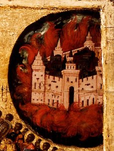 Błogosławiony bądź Hostią Króla Niebios Szczegół: Ogień w Kazaniu, 1550s autorstwa Metropolitan of Moscow Athanasius