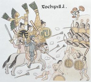 Bitwa pod Xochipilla między Hiszpanami a Aztekami, ilustracja z faksymile historii Indian meksykańskich Lienzo de Tlaxcala z ok. 1550, 1892