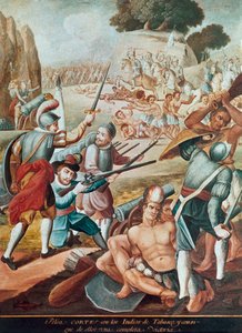 Podbój Meksyku: bitwa przeciw Hernando Cortesowi (Hernan Cortez) (1485-1547) z Indianami Tabasco w 1519 r. „Malarstwo szkoły meksykańskiej