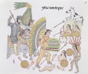 Hernando Cortes (1485-1547), oblężony w Tenochtitlan, postanawia opuścić miasto, ilustracja z faksymile historii Indian meksykańskich Lienzo de Tlaxcala z ok. 1550, 1892 (kolor litho autorstwa Mexican School