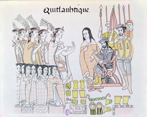 La Malinche (Dona Marina) w roli tłumacza podczas prezentacji kobiet i złota przez Montezumę (1466-1520) Hernando Cortesowi (1485-1547) ilustracja z faksymile pict meksykańskiego Indianina