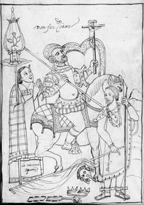 MS Hunter 242 f.246v, Cortes on Horseback, stojący nad pokonanym azteckim królem Montezumą, ilustracja z Historii de Tlaxcala autorstwa Diego Munoza Camargo autorstwa Mexican School