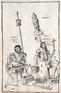 MS Hunter 242 f.248v Picarus (Pizarro) przedstawia Peru i Cortesius (Cortes) Nueva Espana, ilustracja z Historii de Tlaxcala autorstwa Diego Munoza Camargo autorstwa Mexican School