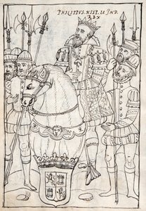 MS Hunter 242 f.249v Filip II siedzący na koniu, ubrany w order Złotego Runa, otoczony zbrojnymi, ilustracja z Historii de Tlaxcala autorstwa Diego Munoza Camargo (pióro i atrament autorstwa Mexican School