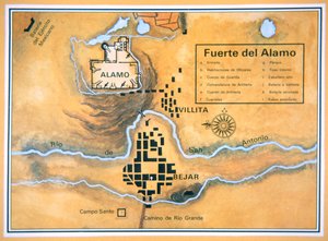 Mapa obszaru Alamo w San Antonio na podstawie oryginalnej mapy pola bitwy Santa Anna