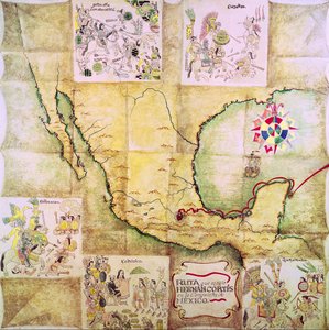 Mapa trasy, którą podążał Hernando Cortes (1485-1547) podczas podboju Meksyku
