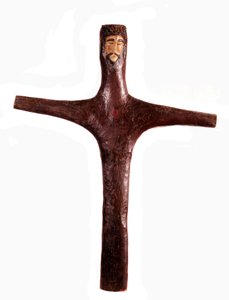 Sztuka meksykańska: polichromowany drewniany krzyż z głową Chrystusa wyrzeźbioną z jednego kawałka. XVII w. niedz. 2x1,56 m Meksyk. Muzeum Regionalne Michoacan autorstwa Mexican School
