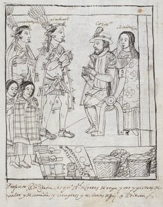 Montezuma spotyka Cortez Panią Hunter 242 f.255r Podbój Meksyku, z Historii de Tlaxcala autorstwa Diego Munoza Camargo autorstwa Mexican School
