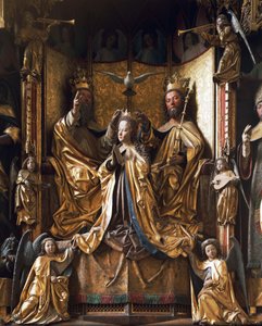 Koronacja Ołtarza Dziewicy, około 1470-1480, Michael Pacher (zm. 1498), rzeźbione drewno, stary kościół parafialny Gries, San Quirino, Bolzano, Trentino-Alto Adige, Włochy