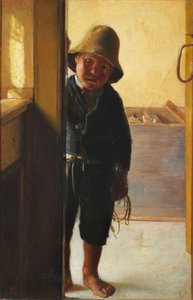 Syn rybaka wyglądający przez drzwi. autorstwa Michael Peter Ancher