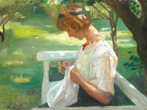 Ella Saxild szyje w ogrodzie w letni dzień. autorstwa Michael Peter Ancher