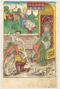 Bethlehemitischer Kindermord [Vordergrund] und Flucht nach Ägypten [Hintergrund] autorstwa Michael Wolgemut
