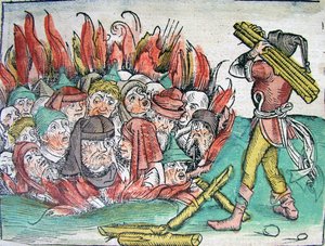 Spalenie Żydów w Deggendorf w 1338 z Kroniki Świata Schedelsa, 1493.