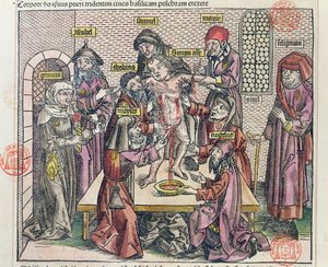 Męczeństwo Szymona w Trydencie, według drzeworytu w „Liber Chronicarum Mundi”, wydanego w Norymberdze, 1493