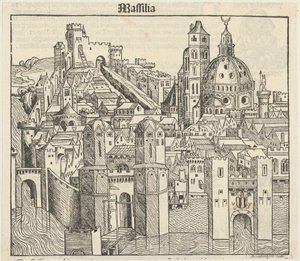 Phantasieansicht der Stadt Marseille [recto], drei Porträts (Phereades, Pythagoras und Sappho) [verso] autorstwa Michael Wolgemut