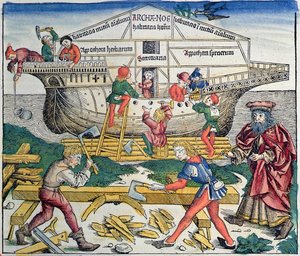 Budowa Arki Noego, z Kroniki Norymberskiej Hartmanna Schedla, 1493 (kolorowy drzeworyt)