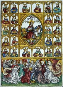 Jezus otoczony Symbolami Czterech Ewangelistów i wieloma królami niosącymi harfy i złote kielichy