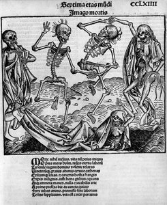 Makabryczna scena taneczna, ze szkieletami, w „Kronikach Norymbergi” Hartmanna Schedla (1440-1514), zredagowanej w Norymberdze przez Antona Kobergera, 12 lipca autorstwa Michael and Pleydenwurff W. (d.1494) Wolgemuth