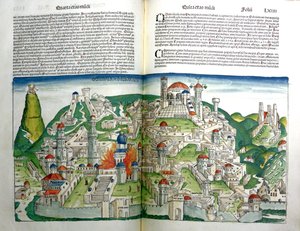 Zbuntowane miasto Jerozolima zniszczone przez cesarza Tytusa, z Kroniki Norymberskiej Hartmanna Schedla (1440-1514) wydrukowanej w 1493 r.