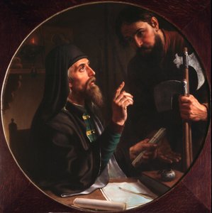 Higoumene (hegoumene) Wawrzynu Trójcy Świętej (Trinite-Saint-Serge) Dionizjusz Zobninovsky przedstawia czyn kościelny (Hegumen z Ławry Dionizy Zobninovsky przedstawia czyn kościelny) - Obraz Michaiła Iwanowicza Skottiego (18). autorstwa Michail Ivanovich Skotti
