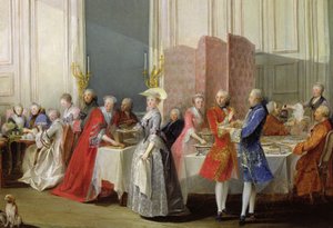 Herbata angielska w Salon des Quatre Glaces w domu księcia de Conti (1717-76) Palais du Temple, szczegóły dotyczące gości, 1766 r.