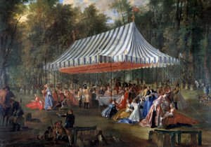 Uroczystość wydana przez Louisa Francois Joseph de Bourbon, księcia Conti, dziedzicznemu księciu Karolowi Guillaume Ferdynandowi z Brunswick Luebourg (1735-1806), pod namiotem, w lesie Cassan, na wyspie Adam w 1766 Bankiet w parku. Obraz Michela Ba