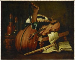 Lutnia, skrzypce, flet, partytura i trójgraniasty kapelusz ... autorstwa Michel Boyer