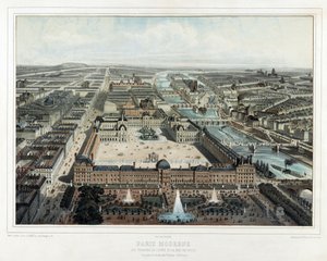 Paris Moderne - Tuileries, Luwr i rue de Rivoli, widok z Jardin des Tuileries (północny zachód), pub. 1850 (litografia kolorowa)