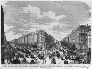 Paryż w 1878 r., Boulevard Haussmann przedłużony między Boulevard des Italiens i rue Taitbout, rysunek Louisa Dumonta (ur. 1822) koniec XIX w.