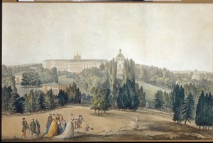 Widok na Carskie Sioło (Sankt Petersburg). Promenada cesarzowej Katarzyny II (1729-1796). (Widok na Carskie Sioło. Spacerująca cesarzowa Katarzyna II). Praca Michela Francois Damama Demartrait (1763-1827), rycina i akwarela. sztuka francuska