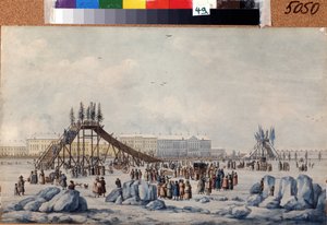 Rampa kolejki górskiej na Newie w Shrovetide (Roller coaster na Newie w Shrovetide). Praca Michela Francois Damama Demartrait (1763-1827). Akwarela i tusz na papierze, ok. 1810, 33 x 54 cm, sztuka francuska, klasycyzm. Memoriał A. Puszkina M