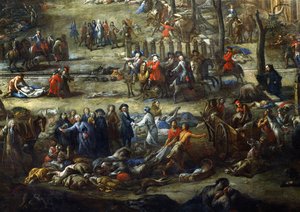 Widok na Cours Belsunce, Marsylia, w czasie zarazy 1720 r., fragment przedstawiający kardynała Belsunce z grupą zwłok ofiar zarazy autorstwa Michel Serre