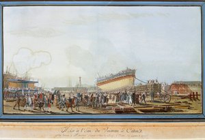 Wodowanie statku Le Caton w porcie w Tulonie w obecności hrabiego Prowansji w lipcu 1777 r. (gwasz autorstwa Michel de Toulon