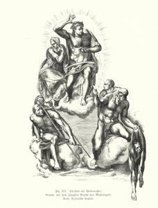 Chrystus Sędzia, fragment z Sądu Ostatecznego Michała Anioła, obraz na ścianie ołtarza Kaplicy Sykstyńskiej, Bazylika Św. Piotra, Rzym, Włochy (rycina)