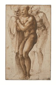 Nagi mężczyzna (wg Masaccio) i dwie postacie za nim (pióro i dwa odcienie brązowego tuszu, brązowy tusz, znak wodny) autorstwa Michelangelo Buonarroti