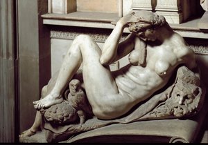 Alegoria nocy. Mauzoleum Giuliana de Medici. Rzeźba marmurowa. autorstwa Michelangelo Buonarroti