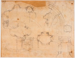 Plany budynku, elewacje i szkice kopuły kaplicy Sforzów autorstwa Michelangelo Buonarroti