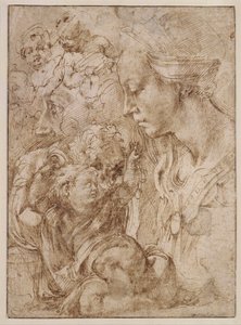 "Studia dla Świętej Rodziny z Janem Chrzcicielem jako Dzieciątkiem" (Studia dla Świętej Rodziny z Janem Chrzcicielem jako Dzieciątkiem) Rysunek Michelangelo Buonarroti (1475-1564) - 1505 - Pióro, pędzel, tusz indyjski na papierze wym. 28, 7x20 .9 cm Staatl autorstwa Michelangelo Buonarroti