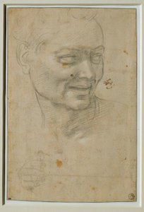 Głowa i prawa ręka Ignudo powyżej i na lewo od Izajasza autorstwa Michelangelo Buonarroti