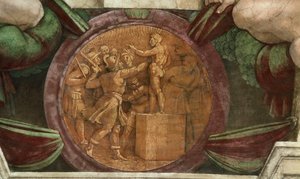 Medalion przedstawia Zniszczenie Posągu Boga Baala..., 1508-1512. autorstwa Michelangelo Buonarroti