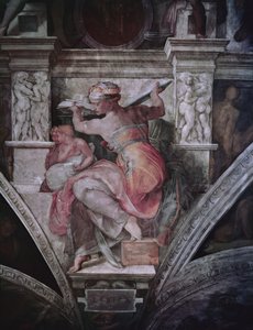 Sufit Kaplicy Sykstyńskiej: libijska Sybilla, ok. 1508-10 (przed renowacją) autorstwa Michelangelo Buonarroti