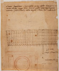 Szkic okna, adnotacje autografu i obliczenia graficzne autorstwa Michelangelo Buonarroti