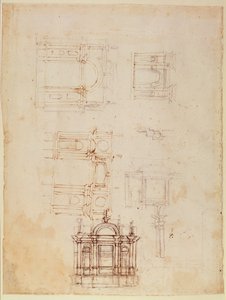 Studia do kompozycji architektonicznej w formie łuku triumfalnego, ok. 1516 (czarna kreda z piórem i brązowym tuszem na papierze) (recto) (verso patrz 191776) autorstwa Michelangelo Buonarroti