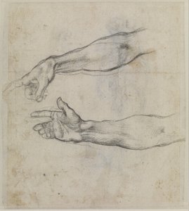 Studium wyciągniętej ręki do fresku "Pijaństwo Noego" w Kaplicy Sykstyńskiej, ok. 1508-09 (czarna kreda na papierze) autorstwa Michelangelo Buonarroti