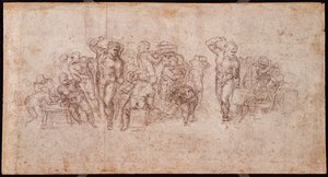 Studium postaci do sceny narracyjnej (czarna kreda na papierze) (recto) (dla verso patrz 191764) autorstwa Michelangelo Buonarroti